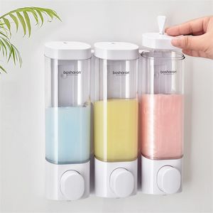 Soap Dispenser Wall Mounted Manual 3 Chamber Plastic 300ml Transparent White Bathroom Shampoo For Shower el Kitchen 211206