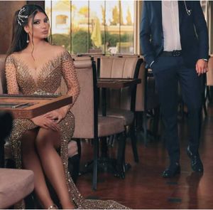 Suknia wieczorowa Kobiety Tkanina V-Neck Długim Rękawem Mermaid Gold Crystal Long Dress Kim Kardashian Kylie Jenner YouSef Aljasmi Cannes Festiwal Filmowy