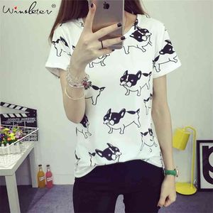 Lato Bawełna T Shirt Kobiety Dog Drukuj Słodkie Bulldog Francuski Drukowane Krótki rękaw Topy dla Tee White Pink Blue T06201W 210421