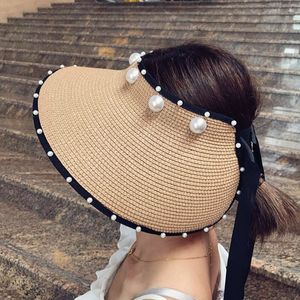 패션 여성 비치 밀짚 모자 여름 접이식 태양 보호 캡 진주 붕대 단색 컬러 모자 휴가 캐주얼 바이저 모자