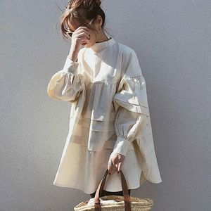 春の韓国のシックな甘いスタンドカラー長袖のパッチワークのプリーツワイド裾アプリコットルーズブラウスドレス8Y228 210510