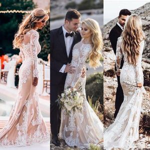 Sexy Long Sleeve Champagne Mermaid Wedding Dresses For Bride Lace Appliques Spring Summer Country Rustic Bridal Dress Jewel Neck Boho Beach Wedding Gowns