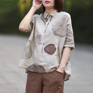 夏の女性のシャツプラスサイズの半袖ビンテージコットンリネンブラウスペイズリープリント緩いカジュアルシャツレディースP12 210512