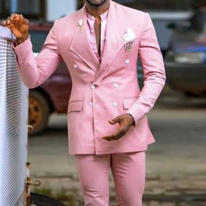 Pink Slim fit Prom Men Suits with Double Breased 2 Piece Custom Groom Tuxedo Peaked Lapel African Man Fashion Costume Black Pant X0909