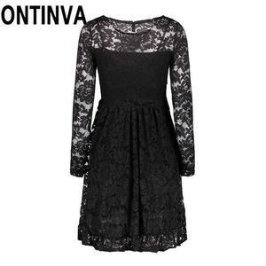Black Lace Gothic Vitnage A Line Swing Dresses Autumn Fall Fashion Long Sleeve Pleated Mini Hollow Out Retro Short Dress 210527