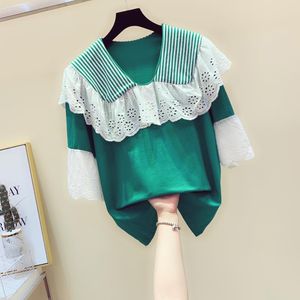 Verão Mulheres V Neck Ruffles Stripe Hollow Out Lace Meios Mangas T-shirt T-shirt Meninas Pulôver Tops Casuais Tees A2629 210428