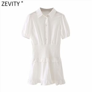 Kadın Moda Kısa Kollu Elastik Pleats Ruffles Beyaz Gömlek Elbise Bayanlar Şık Göğüslü Rahat Ince Vestido DS5015 210420