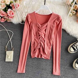 Autumn Inner Pleated Square Neck Bottoming Shirt Tops Female Slim Temperament Thin All-match T-shirt UK626 210506