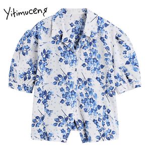 yitimuceng花柄ブラウス女性ボタンアップシャツパフスリーブターンダウンカラーストレート夏韓国ファッショントップ210601