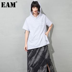[EAM] Women White Big Size Hooded Slit Hole Casual Pocket T-shirt Short Sleeve Fashion Spring Summer 1DD8136 210512