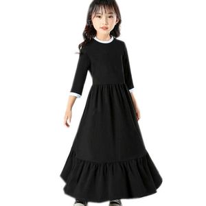 4 a 14 anos crianças adolescente meninas algodão maxi longo vestido crianças menina fasion verão preto tornozelo comprimento camiseta flare vestidos q0716