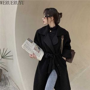 Werueruyu outono e inverno vintage longo casaco mulheres elegante decote em v botão de lapela bolso lã casaco mulheres 210608
