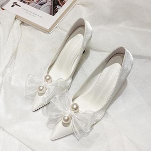 Mode Ny Pearl Bow High Heel Shoes Single Fairy Style White Pointed Wedding Shoes