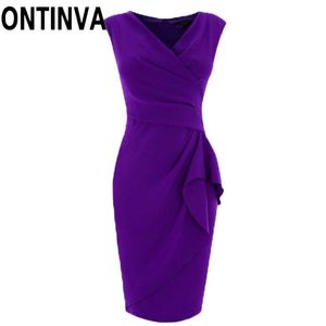 Summer bez rękawów Vintage Dress Purple Color V Neck Wrap Ruffles Midi Biuro Damskie Eleganckie Celebrity Es Duży rozmiar 2xl 210527