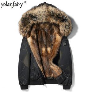 Mäns läder Faux Real Fur Coat Men Parka Kort Vinterjacka Mink Liner Raccoon Dog Collar Hooded Camouflage Parkas Hombres 2021 CL-1990