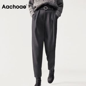 ACHOAE 여자 솔리드 컬러 패션 긴 바지 숙녀 높은 허리 주름 깔린 바지 사무실 캐주얼 바지 pantalones de mujer 210413
