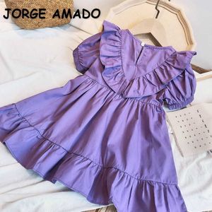 Korean Style Summer Kids Girls Dress Purple Puff Sleeves Cute Princess Children Clothes E1265 210610