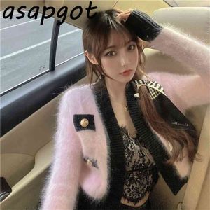 Maglioni in mohair rosa dolce stile giapponese Cappotto invernale Moda scollo a V Cardigan patchwork Top Pull Femme Chic 3 stile delicato 210917