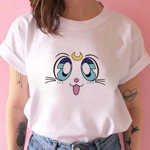 90. Tshirt Fashion Graphic Top Tee Samice Cartoon Cat Harajuku Kawaii Anime T Shirt Kobiety Funny Cartoon T-shirt Cute Cat X0527