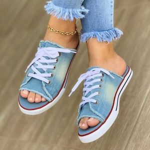 2021 Yaz Kadın Sandalet Toe Açık Düz Ayakkabı Tuval Bayanlar Ayakkabı Balık Ağız Ayakkabı Denim Dantel-Up Sneakers Sandalet Zapatos Mujer Y0721