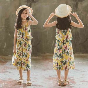 Summer Girls Clothing Set Sleeveless Flower Print Tops and Wide Leg Pants Korean Children Suspenders Outfit Teenage Clothes 210622