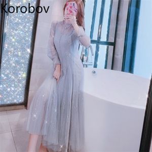 Korobov Słodki Chic Sequind Kobiety Sukienki Vintage Z Długim Rękawem A-Line Mesh Długa Sukienka Lato Nowy Robe Femme 2A645 210430