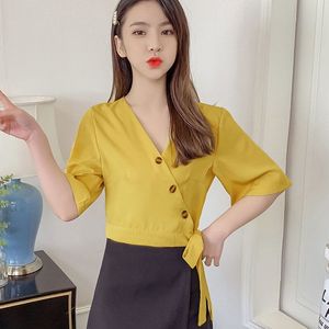 Women Casual Summer Style Chiffon Blouses Shirts Lady Wrap V-Neck Short Sleeve Bow Tie Decor Blusas Tops DF2859 210609