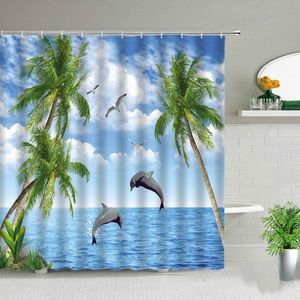 Shower Curtains Sunlight Ocean Dolphin Tropical Plants Curtain Beach Starfish Shell Printing Waterproof Hanging Bathroom Decor