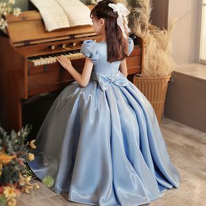 Linda lavanda lilás puffy tulle crianças vestidos de desgaste formal vestidos de flor de flor com mão feita flores sem encosto de meninas árabes pageant