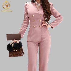 Korean Style OL Business Formal Jumpsuits Women Slim Double-breasted Pink Suits Rompers Work Clothes 210520