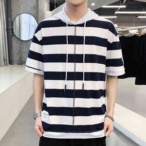 BROWON Nrand New Arrival Hooded Striped T Shirt Men Clothing 2021 Summer Short Sleeve T-Shirt Clothes Fashion Thin Loose T Shirt H1218