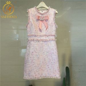 Arrival Women Sweet Diamond Bow Tweed Woolen Dress Pink Tassel Chic Summer Vestido 210520