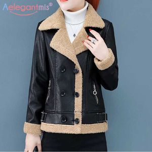 Aelegantmis Winter Add Wool Thicken Warm Pu Leather Jacket For Women Short Faux Jackets Coats Lamb Collar Outerwear 210607