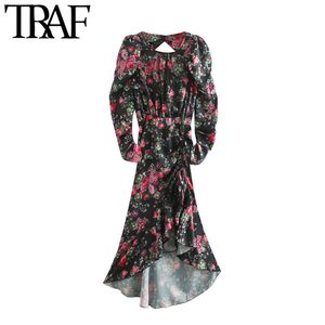 TRAF Mulheres Moda Com Cordão Floral Impressão Assimétrica Midi Vestido Vintage Manga Longa Backless Dresses Mujer 210415