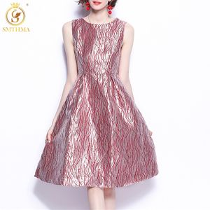 Mulheres Luxo Brilhante Jacquard Verão Vestido Festa de Alta Qualidade Vintage Partido Robe Femme Sem Mangas Designer Vestidos 210520