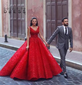 Luxury Red Ball Gown Arabid Dubai Prom Quinceanera Dresses Appliqued Lace Sequined Ruched Long Evening Frmal Occasion Gowns Bridal Dress Plus Size BC11271