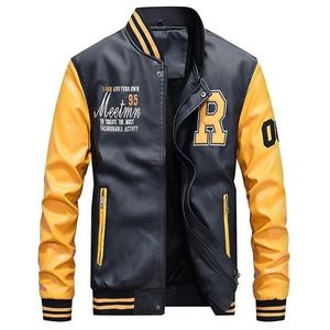 Mężczyźni Kurtka Baseball Haftowane Skórzane PU Płaszcze Slim Fit College Fleece Luksusowe Pilot Męski Stojak Kołnierz Top Coat 211126