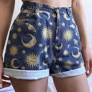 Kvinnors Denim Shorts Fit Planet Printed Pattern Shorts Kvinnor Kort Byxa Skola Lös Streewear Sun Star Ladies Short Jeans 210611