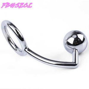 FBHSECL 40/45/50mm Metal Anal Hook with Penis Ring for male Anal Plug Penis Chastity Lock Fetish Cock Ring X0602