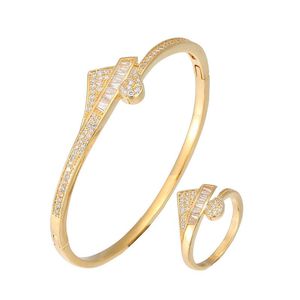 Trendy Clamper CZ Bangle Ring Set RB61514 Jewelry Women Elegant Bracelet Gold Silver Plated