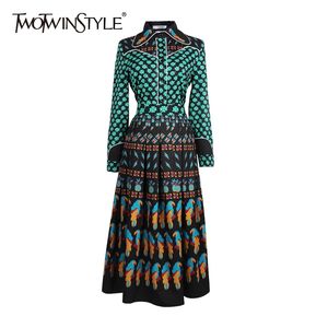 TWOTWINSTYLE Printed Casual Two Piece Set For Women Lapel Long Sleeve Shirt Pleated Skirt Vintage Sets Female Fashion 210517