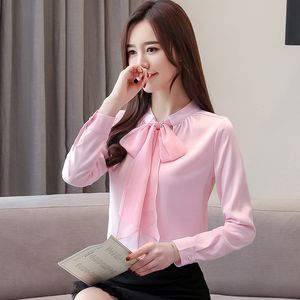 Корейские женские блузки шифоновые рубашки женщина с длинным рукавом галстук бабочка блузка топы плюс размер дамы белый топ 3xL 210427