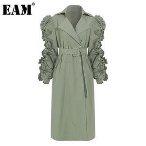 [EAM] Women Green Ruffles Stitch Long Trench Lapel Long Sleeve Loose Fit Windbreaker Fashion Spring Autumn 1DC061 210812