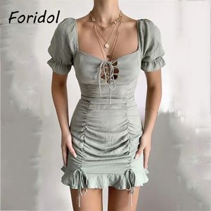 Foridol Vintage Ruched Bodycon Mini Summer Dress Women Beach Casual Holiday Short Puff Sleeve Green Dress Drapped Lace Up Dress 210415