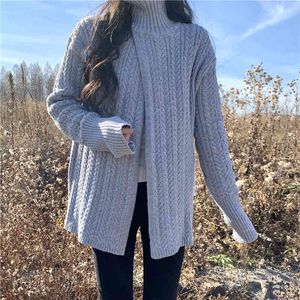 2 colors autumn and winter loose turtleneck knitted sweaters womens irregular split sweaters and pullovers womens (C9810) 210423