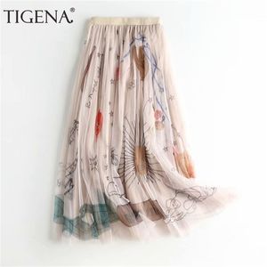 Tigena 90cmマキシチュールスカート女性韓国風ファッション美しいプリントAラインハイウエストプリーツロングメスピンクブラック210619