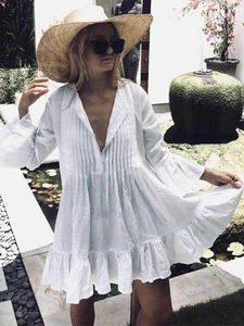 Inspired Cotton Pleated Button Trumpet Sleeves Loose Beach top casual summer blouse pleated chic bohemian bikini cover up 210412