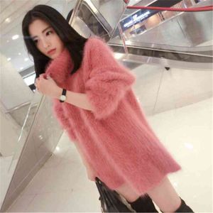 Women Sweater Pullover Winter Korean Knitted Long Thick Wool Sexy Pink s High Neck Plus Size 210428