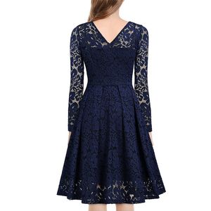 Women Elegant vintage Sexy V Neck Floral Lace evening long sleeve Slim Tunic Work office Casual Party Swing Skater A-Line Dress