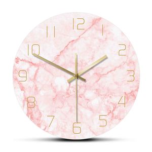 Naturlig Rosa Marmor Rund Vägg Klocka Tyst Non Ticking Vardagsrum Inredning Konst Nordisk Väggklocka Minimalistisk Konst Silent Wall Watch 210930